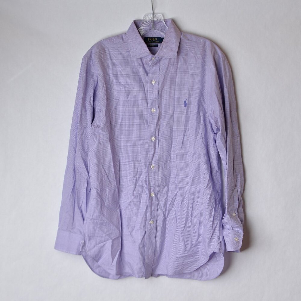 Ralph Lauren Polo Shirt 15.5-32/33 Button Up Purple White Glen Plaid Slim Fit